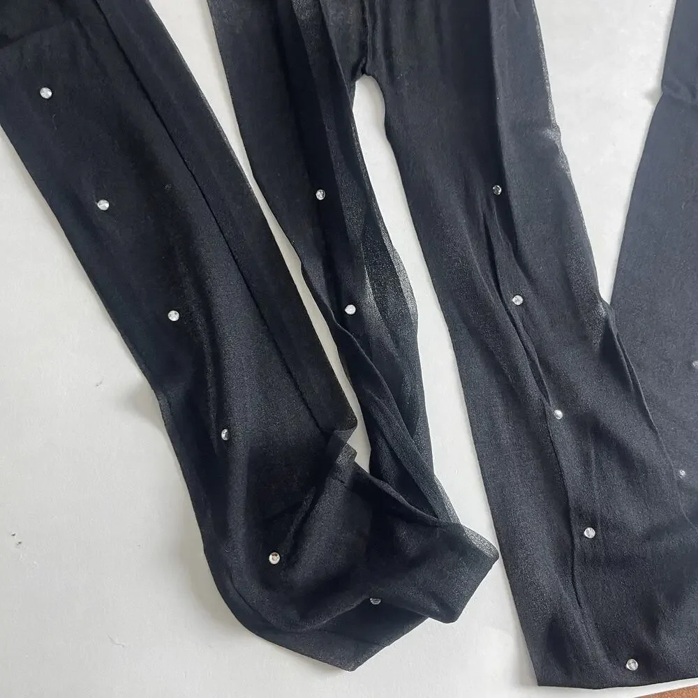 Leg Avenue Sheer Black Pantyhose with Line Of Rhinestone Front, One Size‎